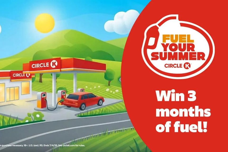 A red car is fueling at a bright gas station surrounded by green hills and a sunny sky, depicting a cheerful summer scene, featured in the Circle K Summer Fuel Sweepstakes