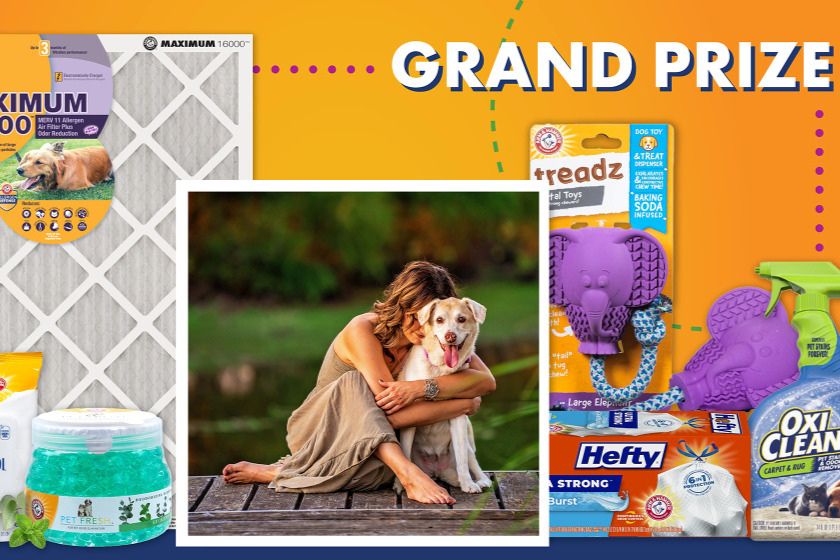 A woman embraces her dog on a dock overlooking a calm body of water, surrounded by pet products and cleaning supplies showcasing a grand prize giveaway, featured in the Freudenberg Pet Photo Sweepstakes