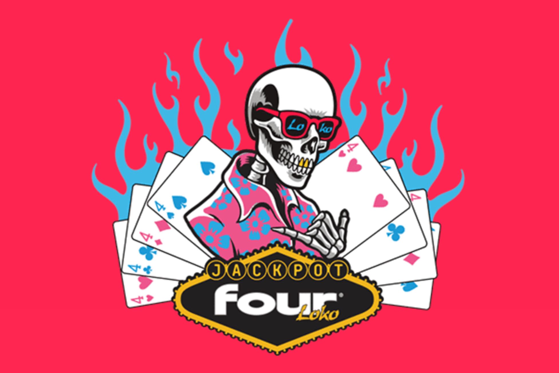 A colorful design featuring a skull wearing sunglasses and a floral shirt, surrounded by playing cards and vibrant flame patterns against a bright pink background, featured in the Four Loko Private Jet Party Sweepstakes