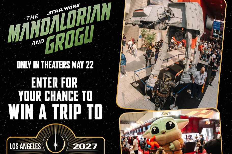 Crowds gather around a large AT-AT model and a giant Grogu figure at a convention, showcasing Star Wars themes and engaging fans with interactive elements, featured in the Cinemark Los Angeles Celebration Sweepstakes