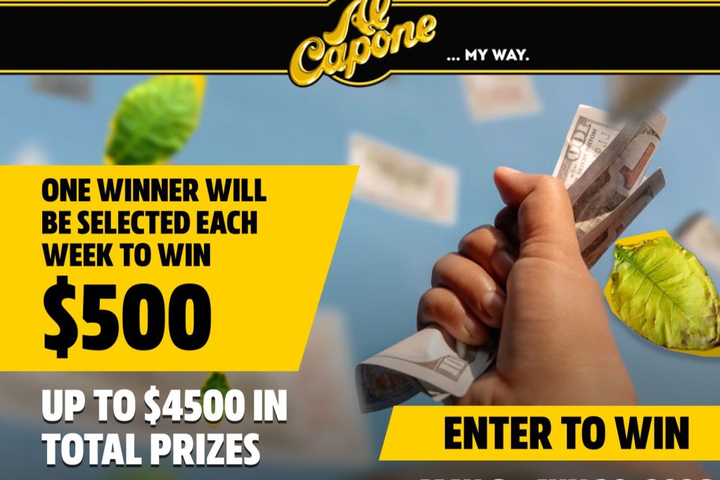 A hand holds several bills against a backdrop of falling money, promoting a cash giveaway with excitement and anticipation in the air. Leafy elements subtly enhance the scene, featured in the Al Capone $500 Sweepstakes
