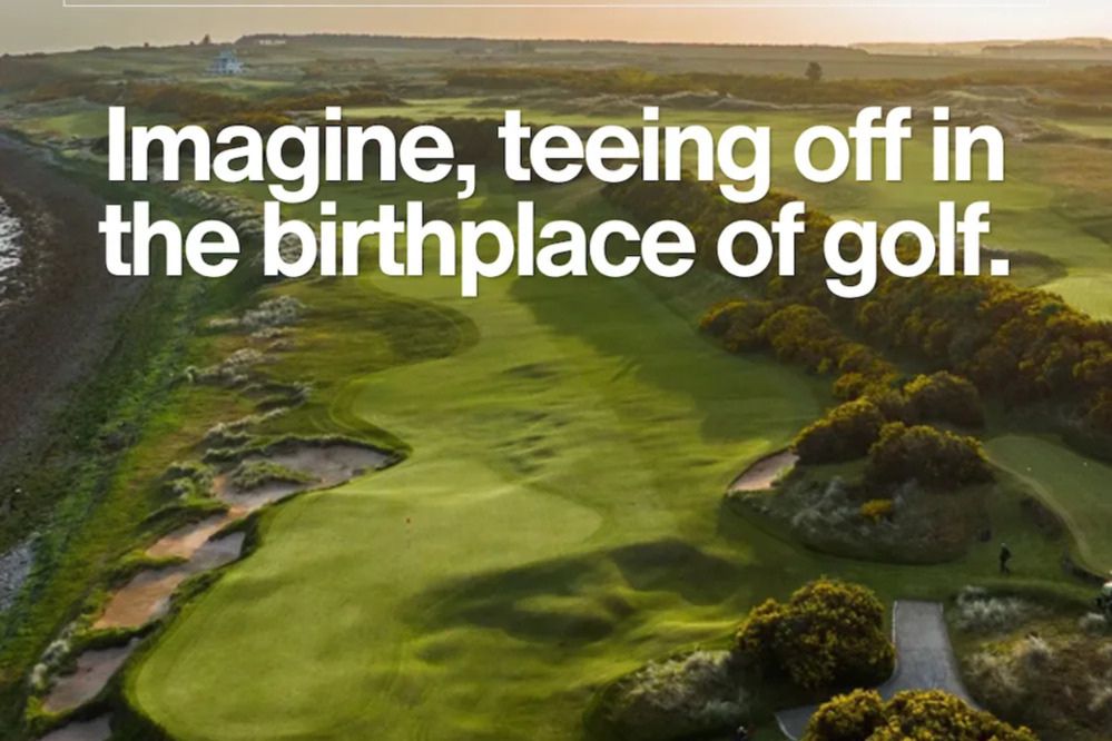 A scenic golf course stretches along the coast, featuring lush greenery and sand traps, with players enjoying a round under a golden sky, featured in the Halcyon Golf Travel Scotland Trip Sweepstakes