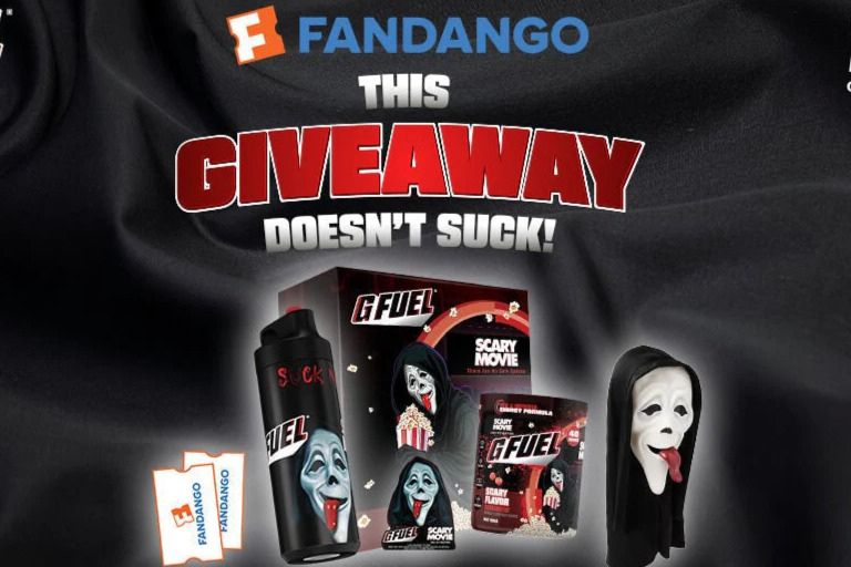 A black background features a spooky mask, a G Fuel shaker, and a box with a scary movie theme, promoting a giveaway with playful text highlighting its appeal, featured in the GFUEL Scary Movie Giveaway