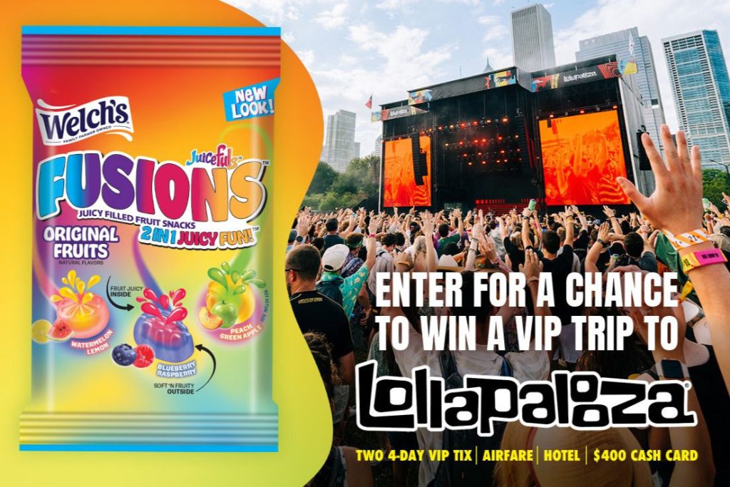 A lively crowd cheers in front of a large stage at a music festival, with bright lights illuminating the scene. A colorful pack of fruit snacks is featured prominently in the foreground, featured in the Welch's Fusions Lollapalooza Sweepstakes
