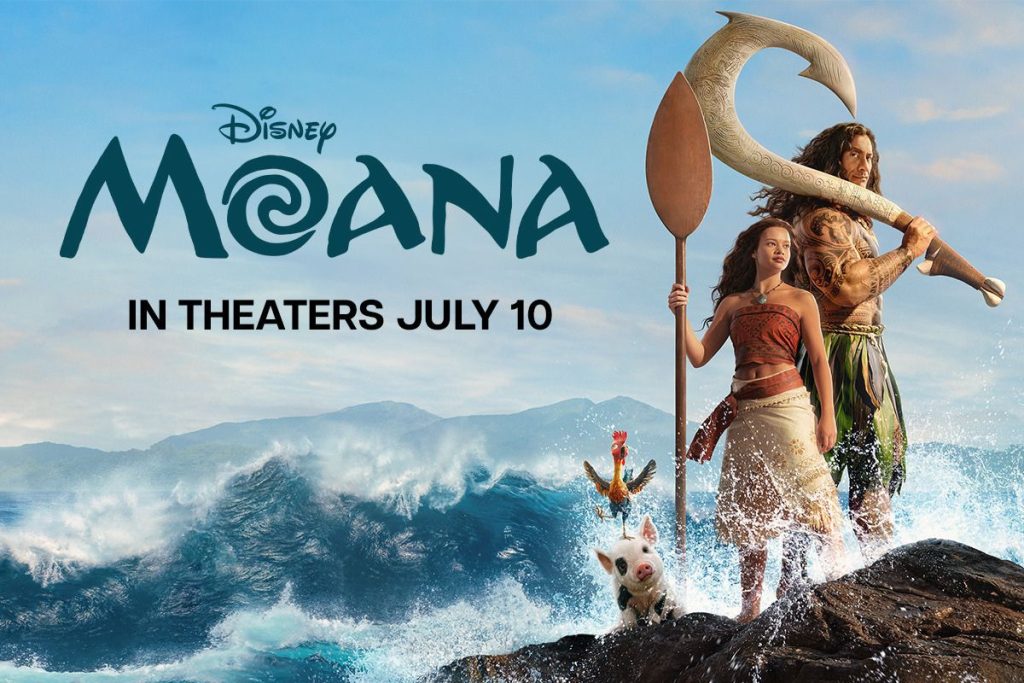 A young girl and a muscular man stand confidently on a rocky shore, surrounded by splashing waves, accompanied by a pig and a rooster, with a backdrop of mountains and sky, featured in the Disney+ Moana Premiere Sweepstakes