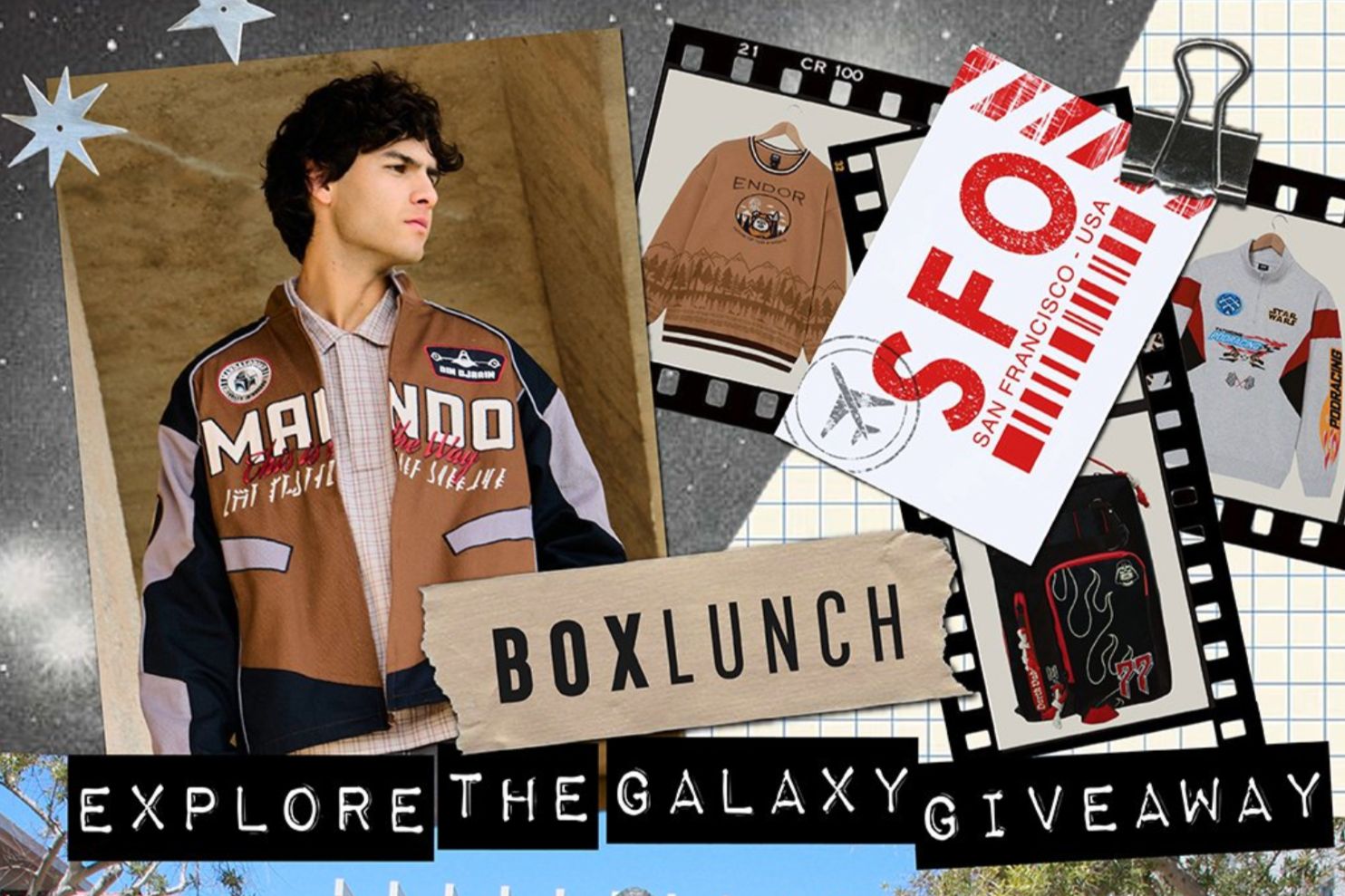 A young man poses confidently in a stylish brown and black jacket, surrounded by illustrated clothing and travel-themed graphics that evoke a cosmic adventure, featured in the BoxLunch Lucasfilm Studios Tour Sweepstakes