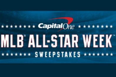 A promotional graphic featuring text for the MLB All-Star Week sweepstakes against a blue background, with stars and a logo present at the top, featured in the Capital One All-Star Week Sweepstakes