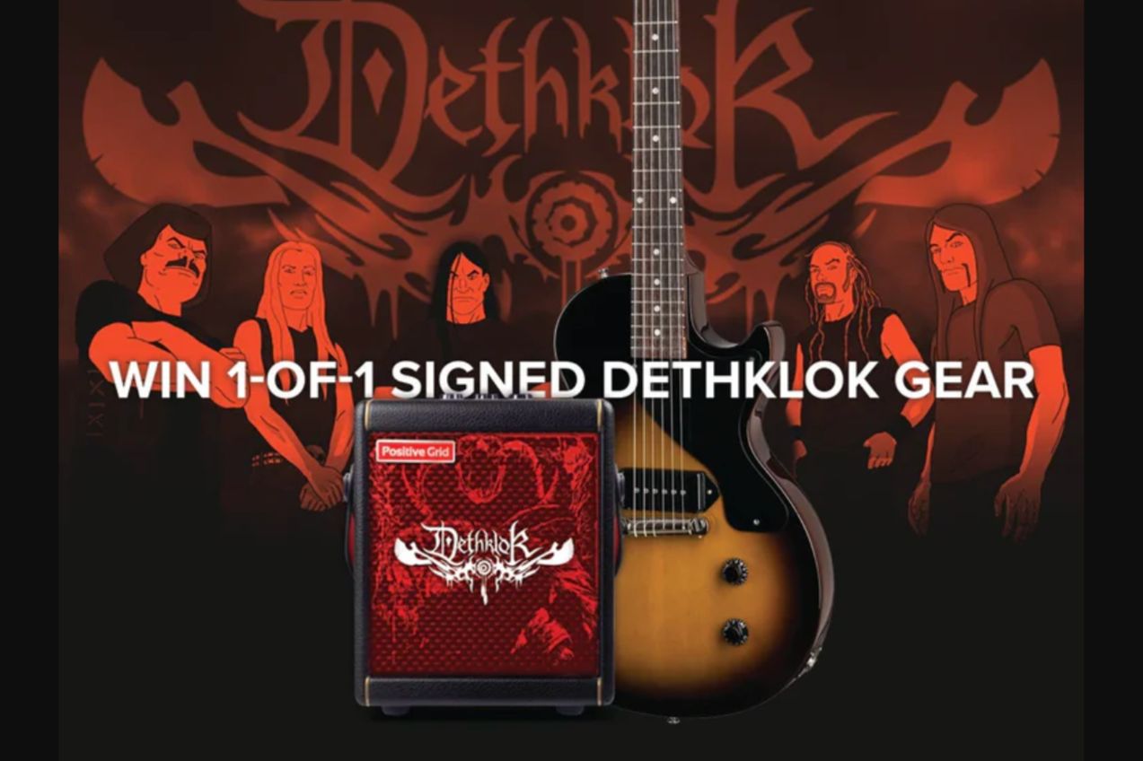 A stylized guitar and amplifier are showcased in front of illustrated characters, all set against a fiery red background featuring a band theme, featured in the Positive Grid Dethklok Sweepstakes