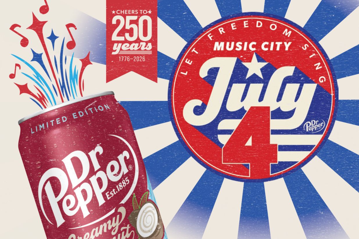 A festive can of soda bursts with colorful music notes and sparkles against a vibrant background, celebrating July 4th with a playful design and a limited edition label, featured in the Dr Pepper VIP Trip Sweepstakes