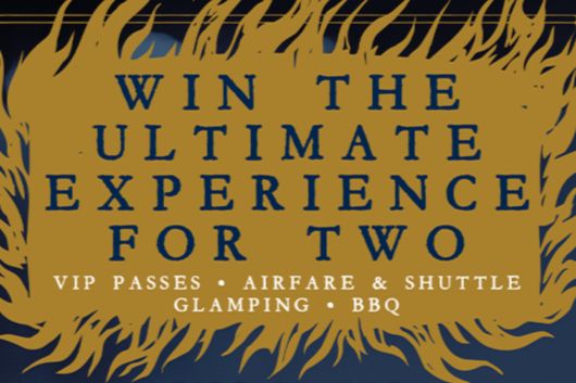 A vibrant promotional graphic inviting individuals to win an ultimate experience for two, featuring luxury elements like glamping, BBQ, and travel arrangements, featured in the Metal Injection x Fire in the Mountains Flyout Sweepstakes