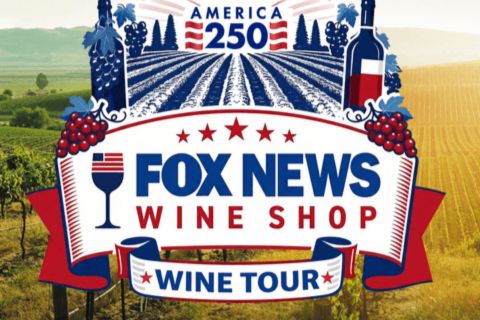A vibrant vineyard scene features rows of grapevines under a clear sky, with a prominent graphic displaying a wine glass and the words "Wine Tour." The atmosphere suggests a celebration of winemaking, featured in the Fox News Napa Valley Tour Sweepstakes