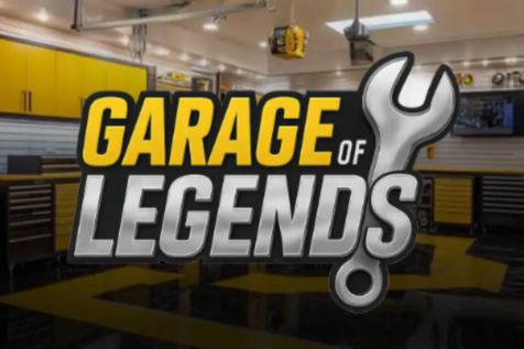 A well-organized garage featuring bright yellow cabinets and tools, with a prominent wrench graphic above the text "Garage of Legends," creating an inviting and dynamic workspace atmosphere, featured in the Garage of Legends Sweepstakes
