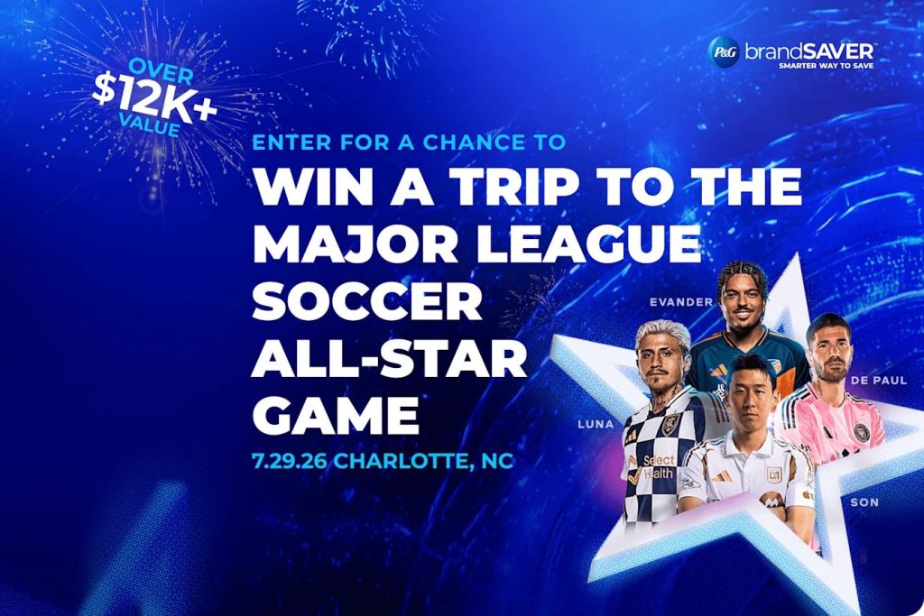 A vibrant blue background features four soccer players in their kits, posing together under fireworks, promoting a contest for a trip to the Major League Soccer All-Star Game, featured in the P&G MLS All-Star Game Sweepstakes