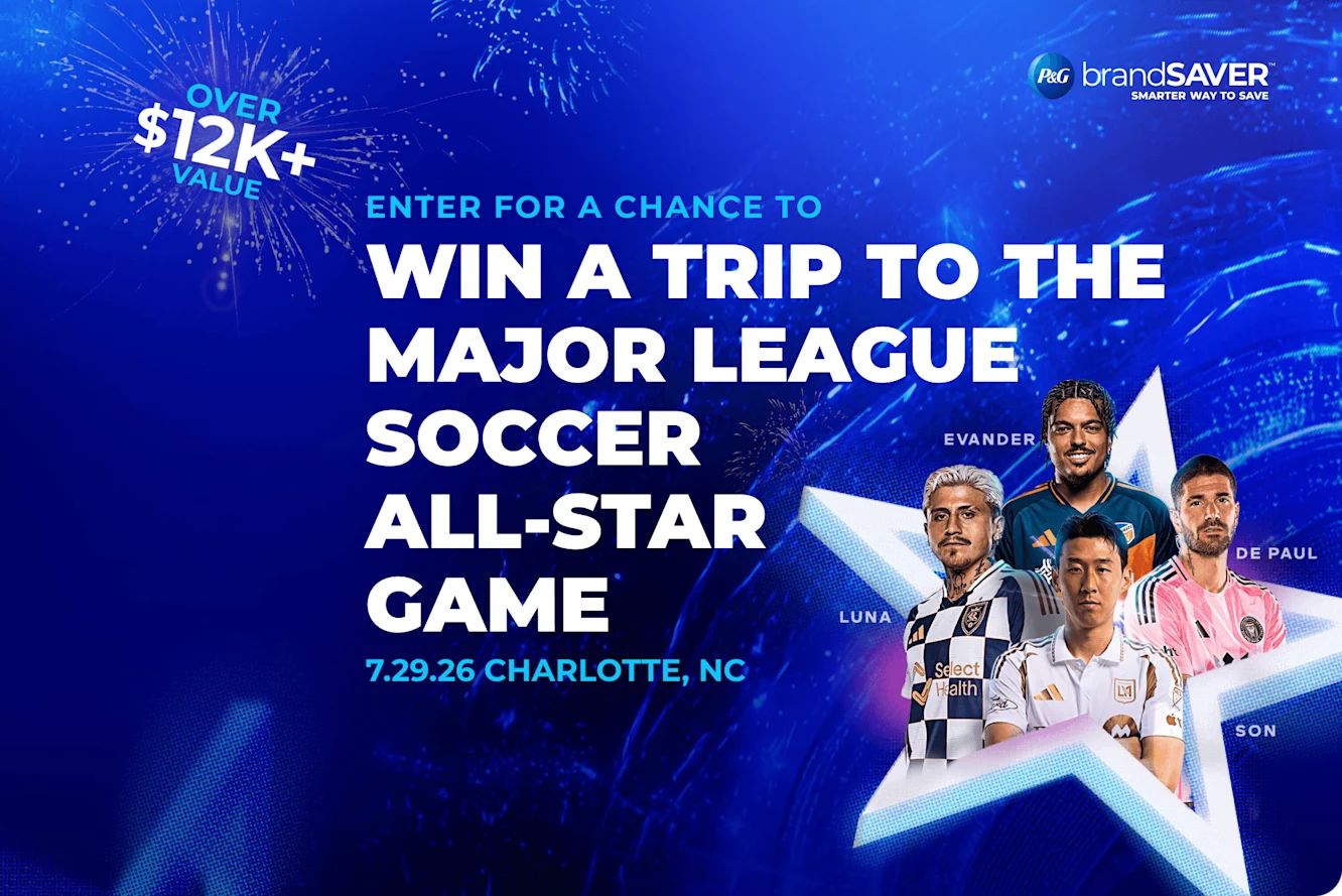 A vibrant blue background features four soccer players in their kits, posing together under fireworks, promoting a contest for a trip to the Major League Soccer All-Star Game, featured in the P&G MLS All-Star Game Sweepstakes