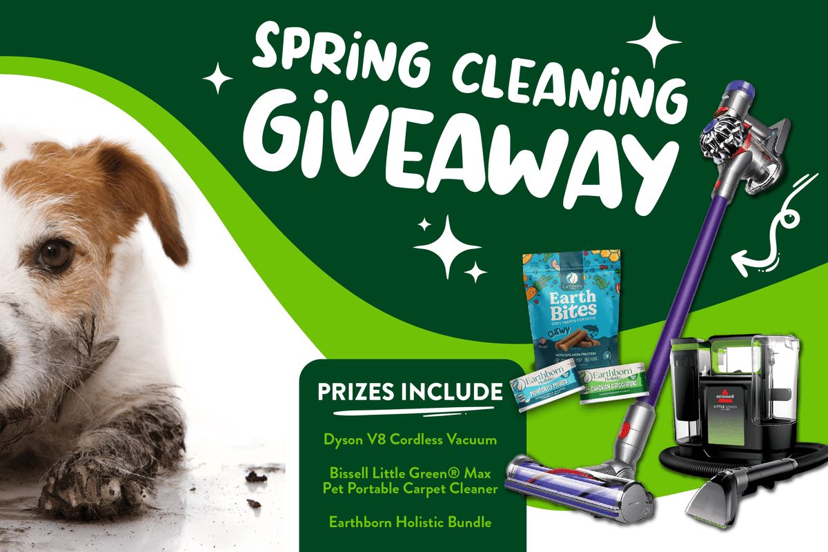 A small dog with muddy paws rests on the floor, next to a collection of cleaning products and pet treats, highlighting a spring cleaning giveaway theme, featured in the Earthborn Vacuum Sweepstakes