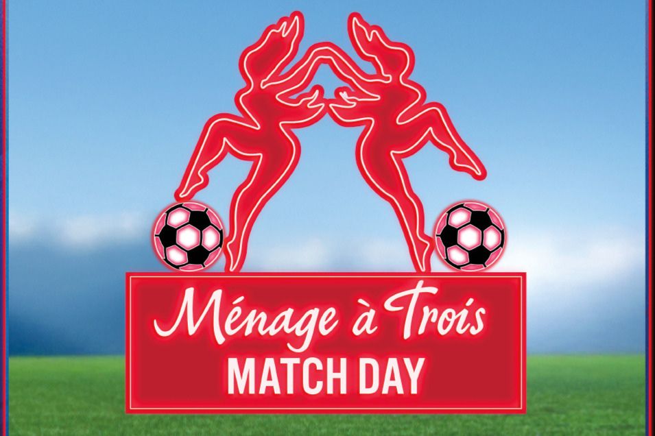 Two stylized dancing figures are featured on a vibrant green field, with soccer balls beside them, highlighting a playful soccer-themed event, featured in the Menage a Trois $500 Sweepstakes