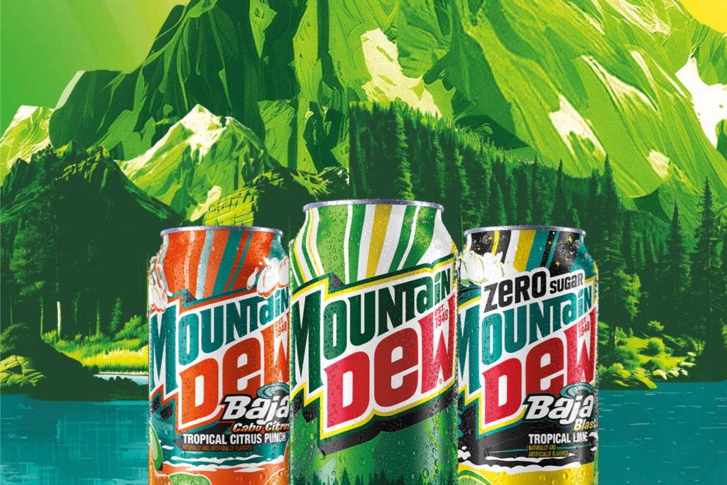 Three colorful cans of Mountain Dew are displayed in front of a vibrant mountain landscape, showcasing tropical flavors and a refreshing outdoor vibe, featured in the Mountain Dew Concert Sweepstakes