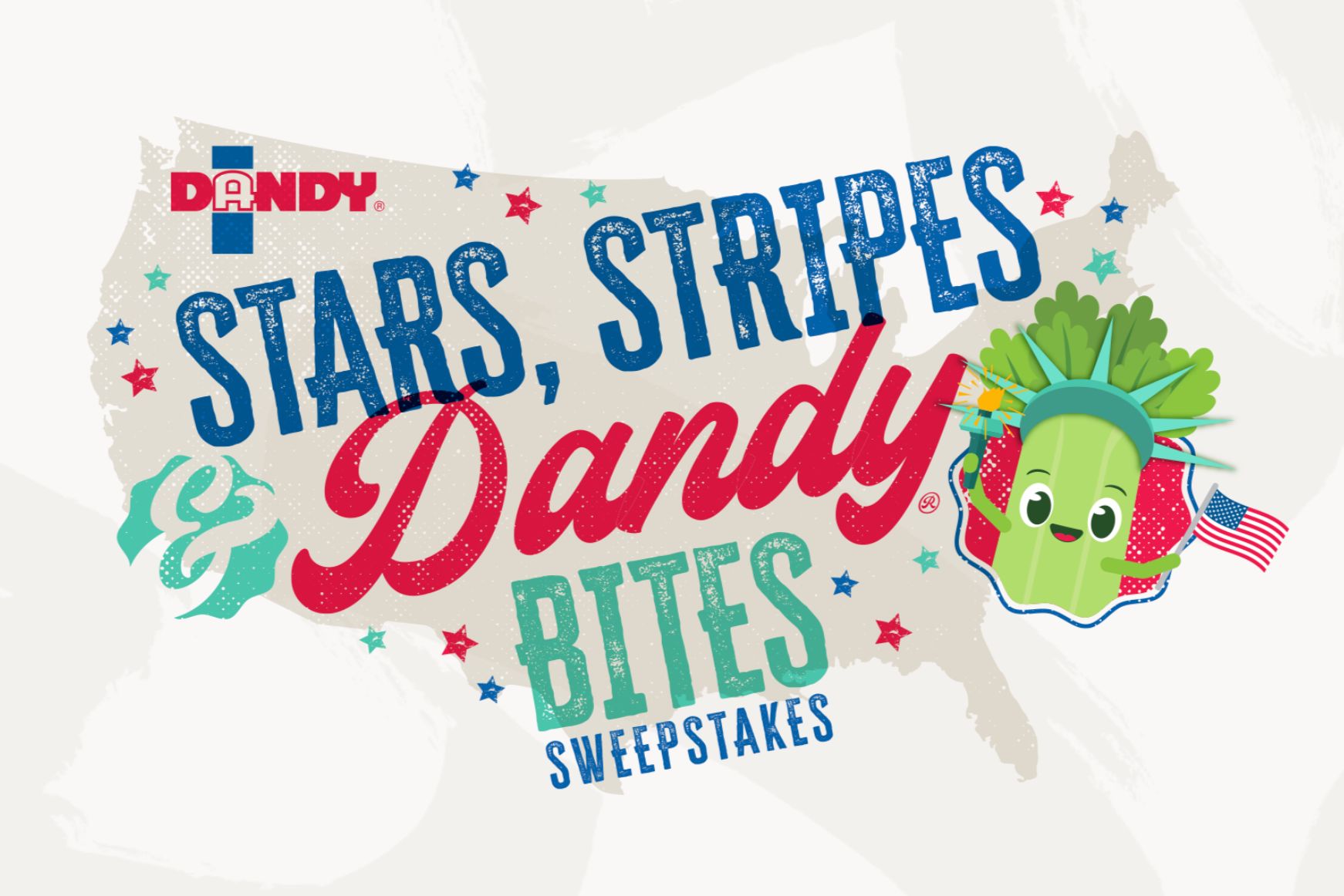 A vibrant illustration features a playful, cartoonish celery character wearing a crown and holding an American flag, surrounded by festive stars and a stylized outline of the United States, featured in the Duda 80-Quart Cooler Sweepstakes