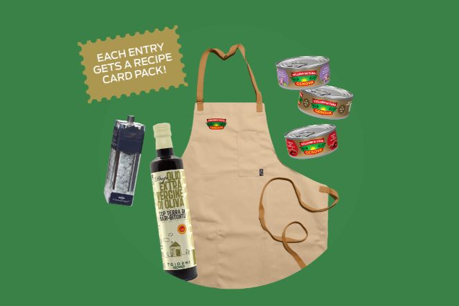 A beige apron sits at the center, surrounded by a bottle of olive oil, a can opener, and various canned goods, all against a bright green background, featured in the Genova Mediterranean Makeover Sweepstakes
