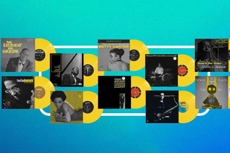 A vibrant blue background features a collage of vinyl records, showcasing iconic jazz album covers, highlighting prominent artists and their influential works in the genre, featured in the uDiscover Verve Vinyl Giveaway