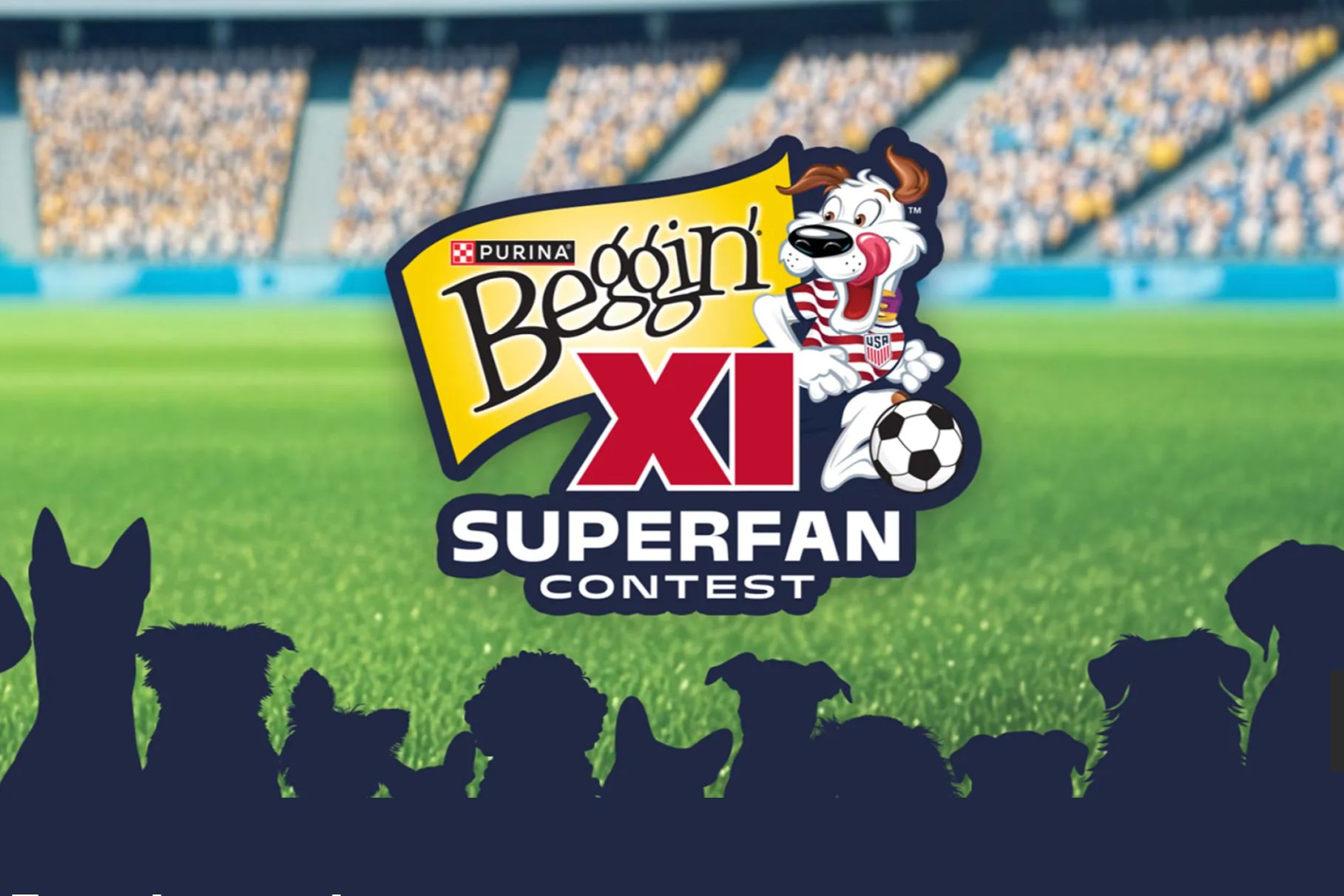A vibrant soccer field scene with a playful cartoon dog holding a soccer ball, surrounded by silhouettes of various dogs watching from the bottom of the image, featured in the Purina USMNT Sweepstakes
