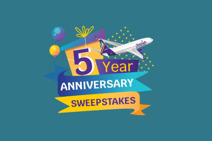Colorful graphic celebrating a 5-year anniversary, featuring an airplane and festive elements like balloons, with the text "Anniversary Sweepstakes" prominently displayed, featured in the Avelo 5 Year Anniversary Sweepstakes
