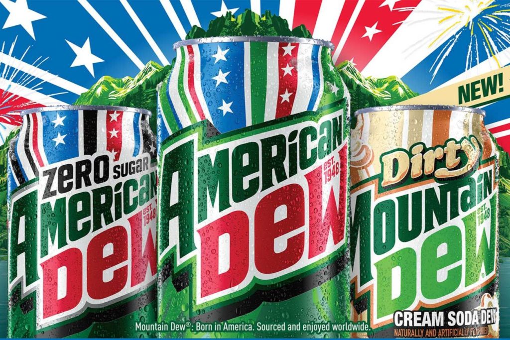 Three colorful soda cans stand prominently, featuring various flavors of Mountain Dew against a vibrant background with stars and bursts, emphasizing freshness and excitement, featured in the Mountain Dew $250 Harps Sweepstakes