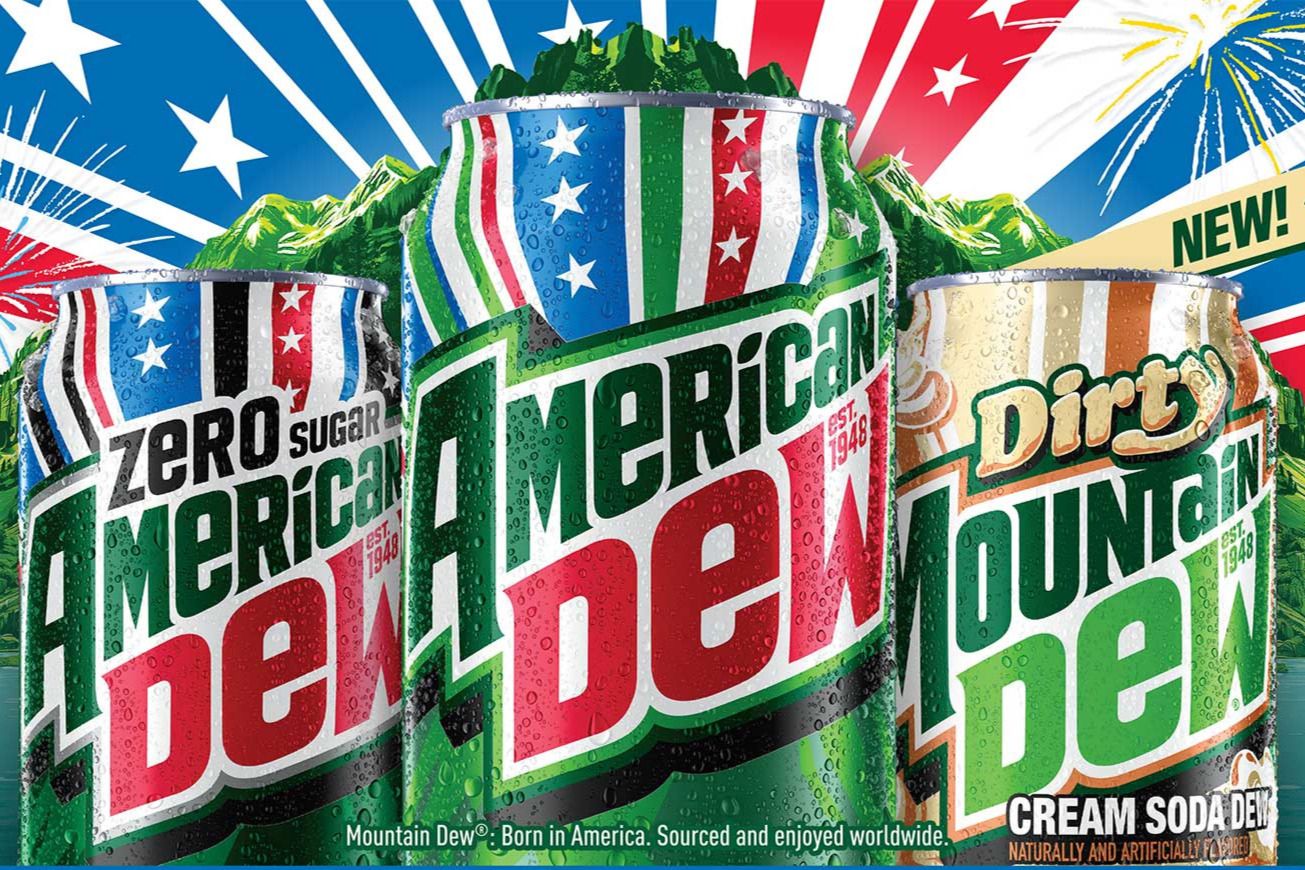 Three colorful soda cans stand prominently, featuring various flavors of Mountain Dew against a vibrant background with stars and bursts, emphasizing freshness and excitement, featured in the Mountain Dew $250 Harps Sweepstakes