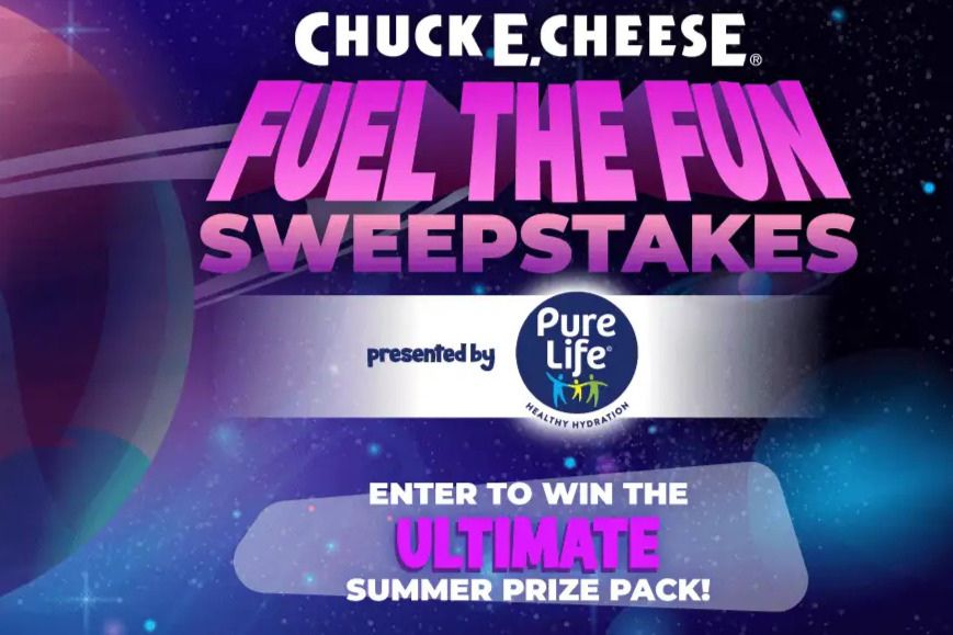 A vibrant graphic featuring text promoting a sweepstakes, with a cosmic background. The design emphasizes fun and excitement, encouraging participants to enter for a summer prize pack, featured in the Chuck E. Cheese Fun Pass Sweepstakes