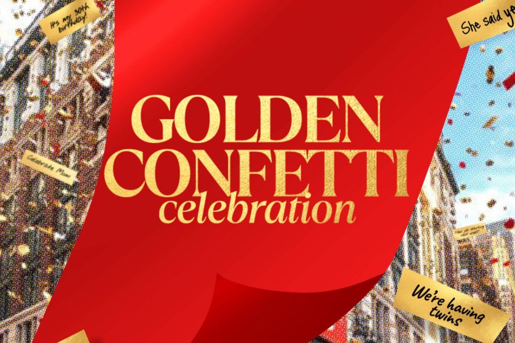 A vibrant red backdrop features golden text announcing a "Golden Confetti Celebration," surrounded by colorful confetti and notes celebrating various milestones, featured in the Macy's $100K Sweepstakes