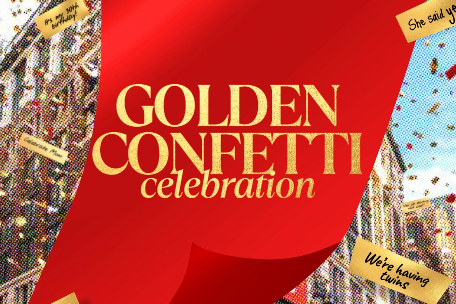 A vibrant red backdrop features golden text announcing a "Golden Confetti Celebration," surrounded by colorful confetti and notes celebrating various milestones, featured in the Macy's $100K Sweepstakes