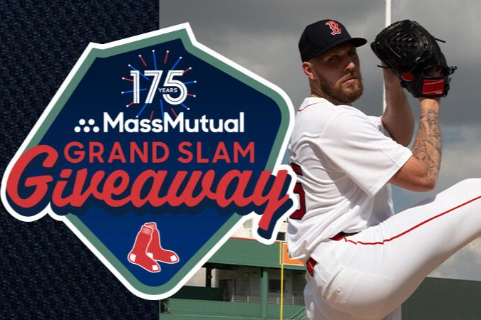A pitcher in a white baseball uniform prepares to throw a pitch on a sunny day, showcasing athletic stance and focus against a backdrop of a baseball field, featured in the MassMutual Red Sox Sweepstakes