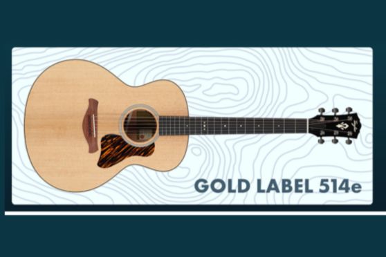 An acoustic guitar with a light wood finish and a unique soundhole design is displayed against a textured background, highlighting its craftsmanship and features, featured in the American Musical Supply Sweepstakes