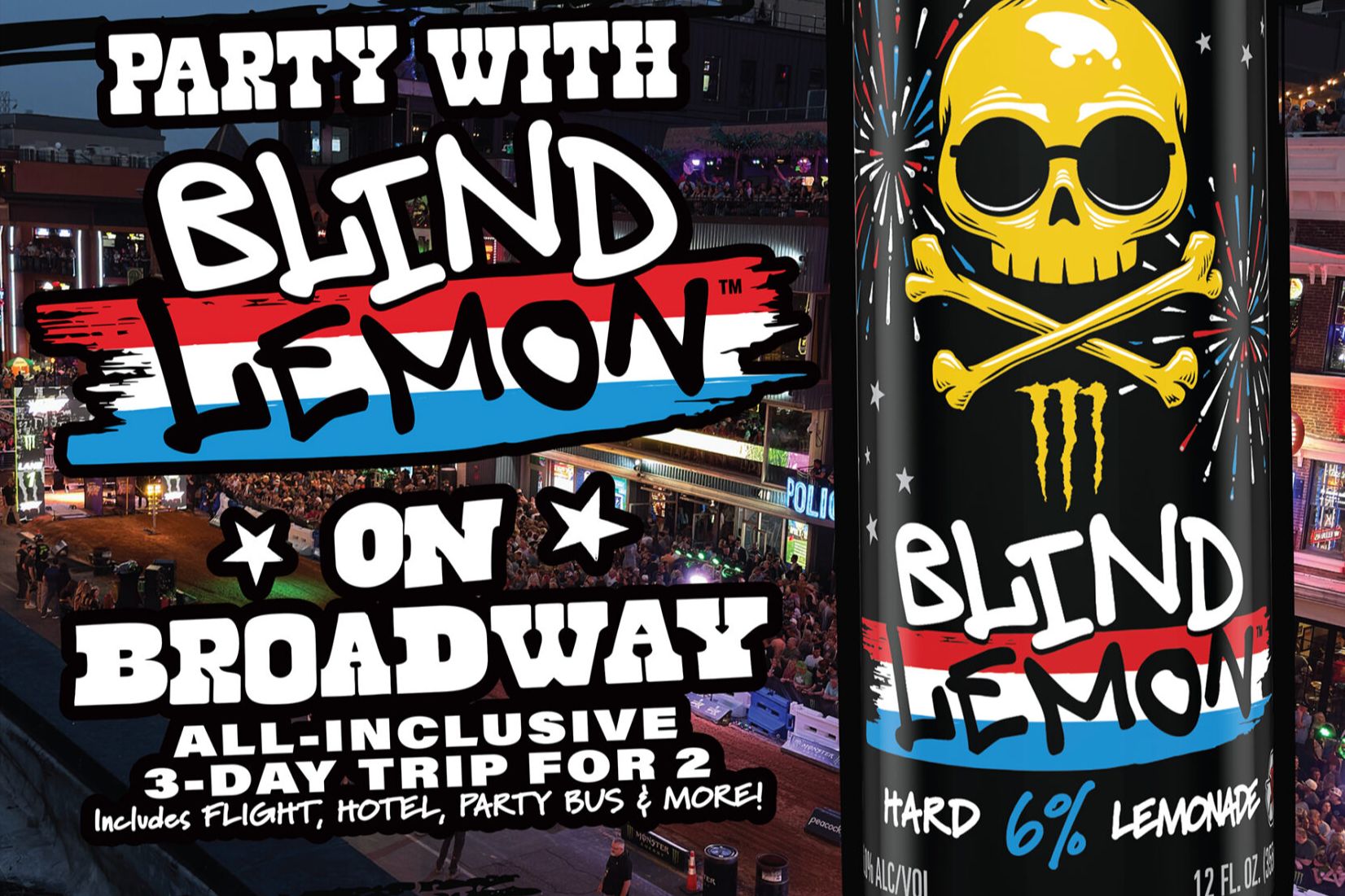 A lively nightlife scene on Broadway features a crowd enjoying a festive atmosphere, with colorful decorations and musical performances, complemented by a prominent can of hard lemonade, featured in the Blind Lemon Nashville Sweepstakes