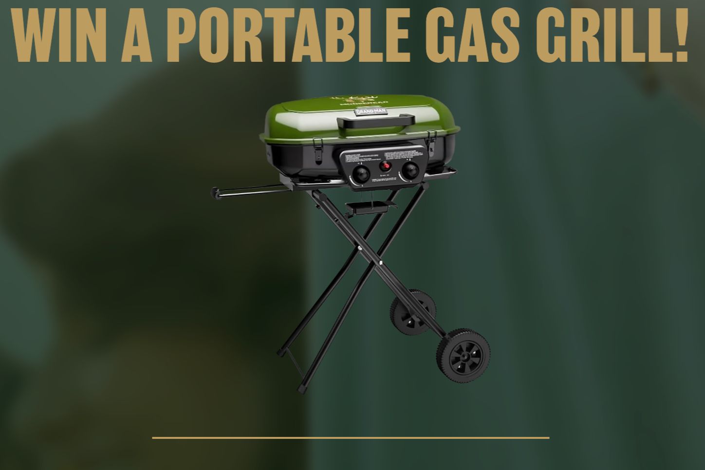 A portable gas grill is displayed prominently against a blurred background, showcasing its sleek design and wheels for easy mobility, inviting viewers to participate in a giveaway, featured in the Moosehead Grillin' & Chillin' Sweepstakes