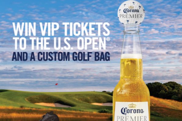 A bottle of Corona Premier stands prominently in the foreground, with a scenic golf course and blue skies in the background, suggesting a golf-related promotion, featured in the Corona Premier US Open Sweepstakes