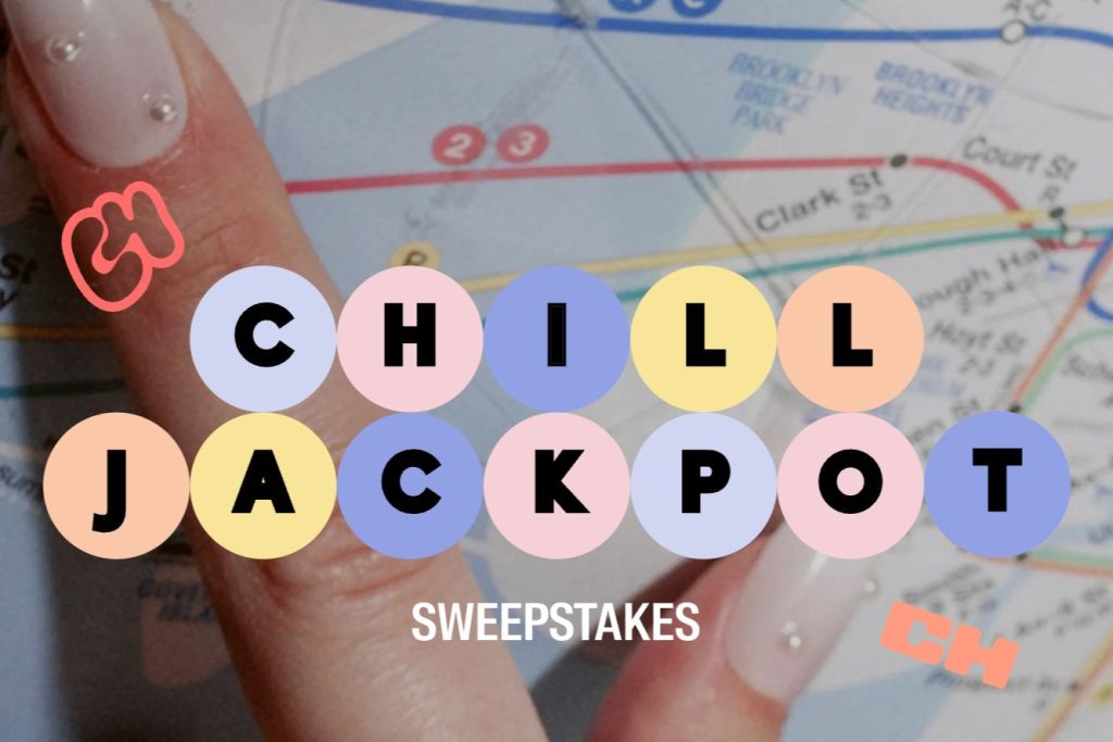 A hand with neatly manicured nails points at a colorful map, highlighting areas with numbered locations, while playful text overlays announce a “Chill Jackpot” sweepstakes, featured in the Chillhouse Chill Jackpot Sweepstakes