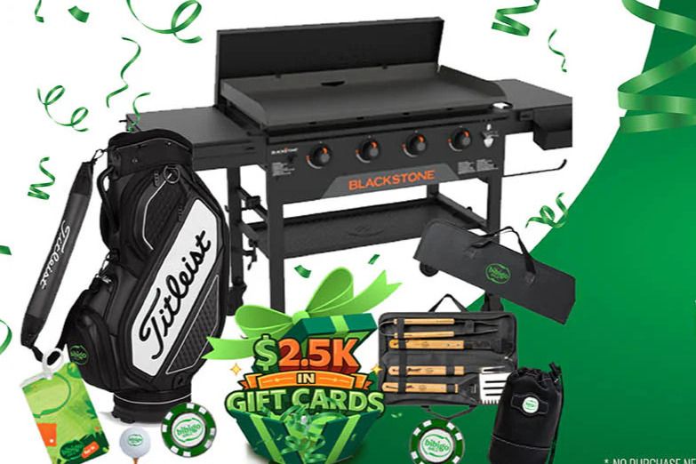 A Blackstone grill is showcased alongside a golf bag and cooking tools, surrounded by festive green decorations and mentions of gift cards, creating a vibrant promotional scene, featured in the bibigo Golf & Grilling Sweepstakes
