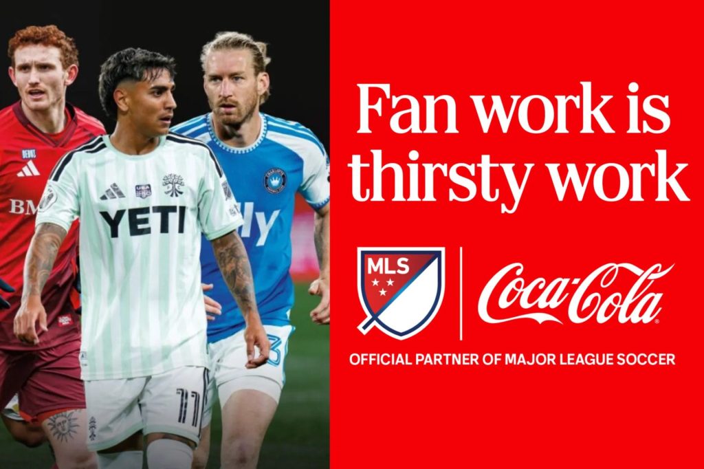 Three soccer players in colorful jerseys face forward amid a sports backdrop, emphasizing the close-knit community and excitement of Major League Soccer, featured in the Coca-Cola Match Day Getaway Sweepstakes