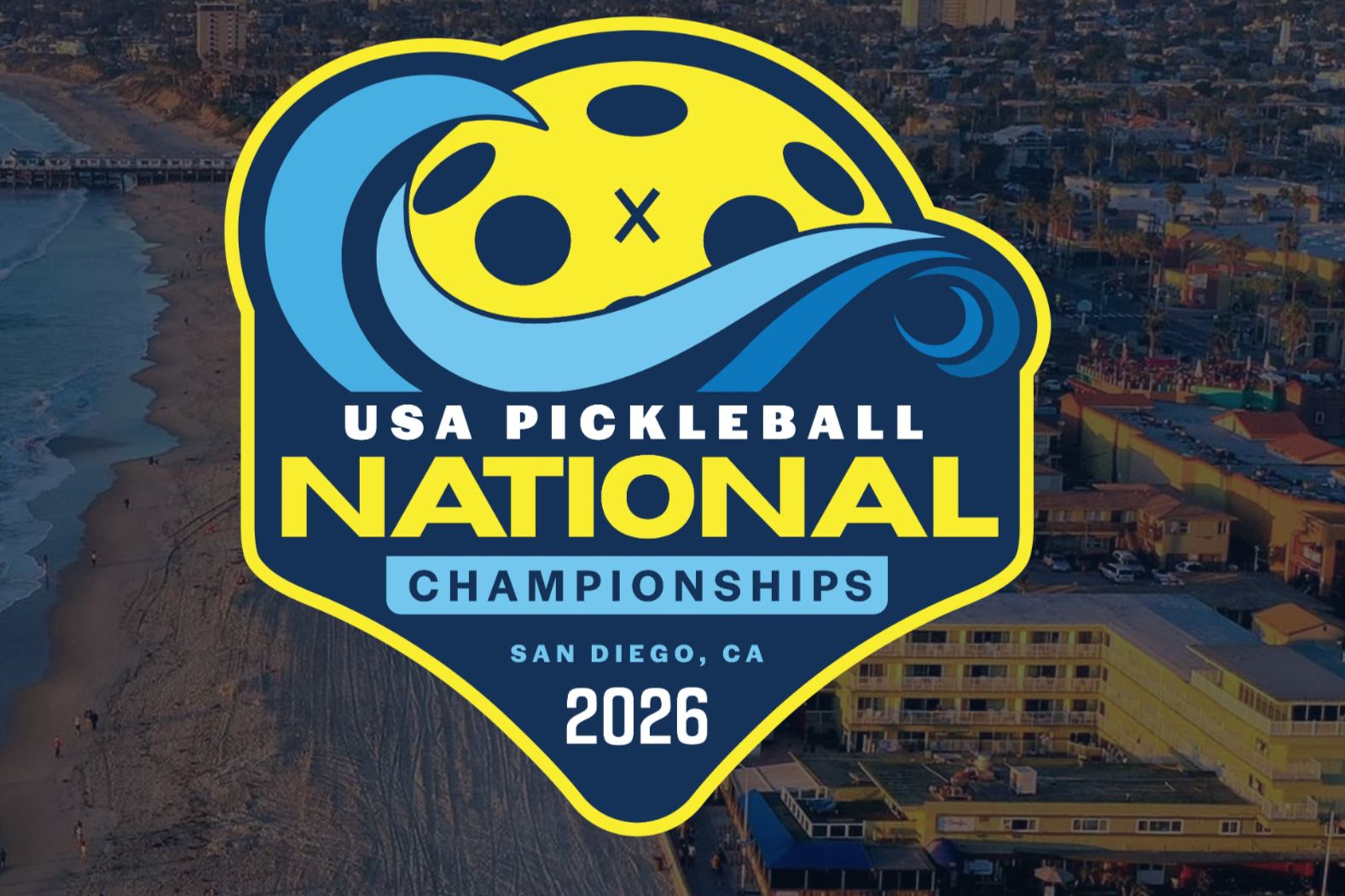 A vibrant logo for the 2026 USA Pickleball National Championships features a stylized pickleball and wave, set against an aerial view of a beach in San Diego, featured in the USA Pickleball Oceanview Sweepstakes