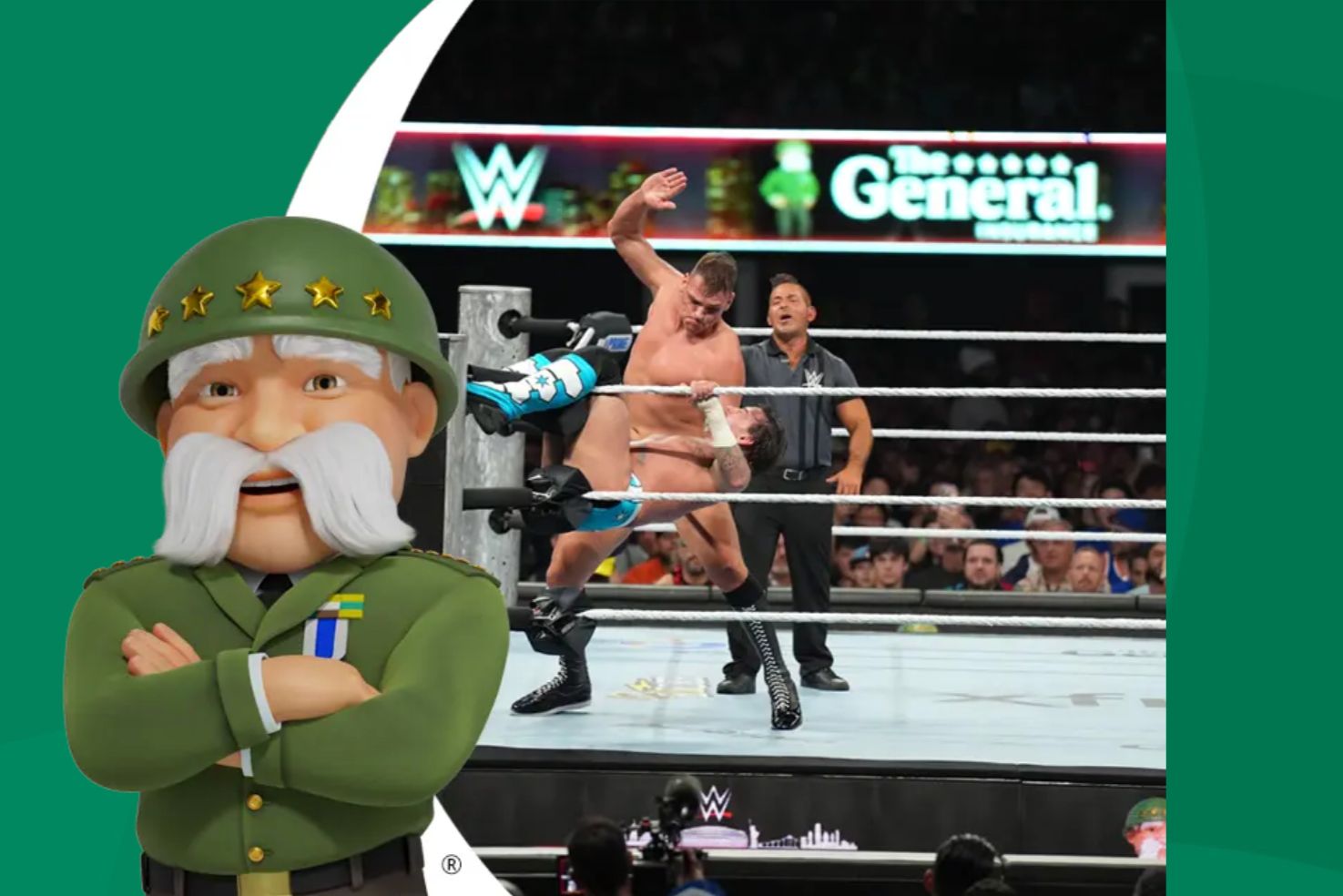 A wrestling match unfolds in the ring, with one wrestler lifting another mid-move as the referee observes, while a cartoon soldier character is prominently featured in the foreground, featured in the The General WWE Fan of the Year Contest