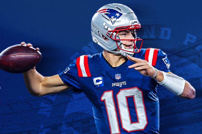 A football player in a blue jersey throws a pass, showcasing dynamic action against a dark blue background. The scene promotes a sweepstakes related to a home opener event, featured in the Patriots JetBlue Home Opener Sweepstakes