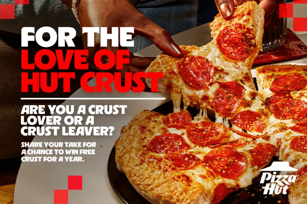 A hand pulls a slice of pepperoni pizza from a tray, showcasing its gooey cheese and crispy crust. The scene invites viewers to share their pizza preferences, featured in the Pizza Hut Gift Card Sweepstakes