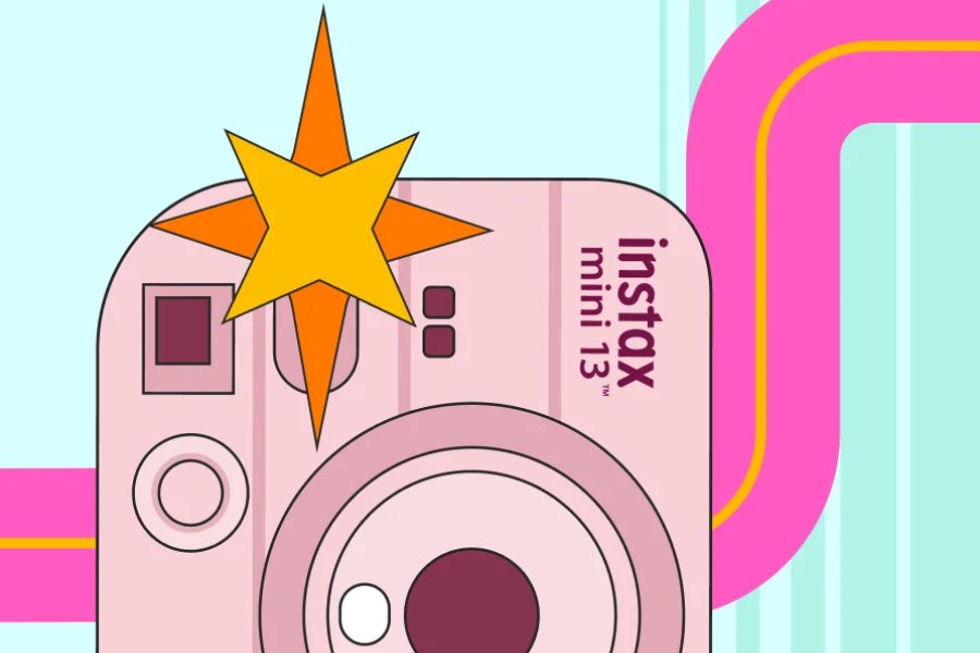 A pink instant camera with a round lens and playful design is highlighted against a colorful, abstract background featuring playful lines and a star graphic, featured in the FUJIFILM instax mini 13 Sweepstakes