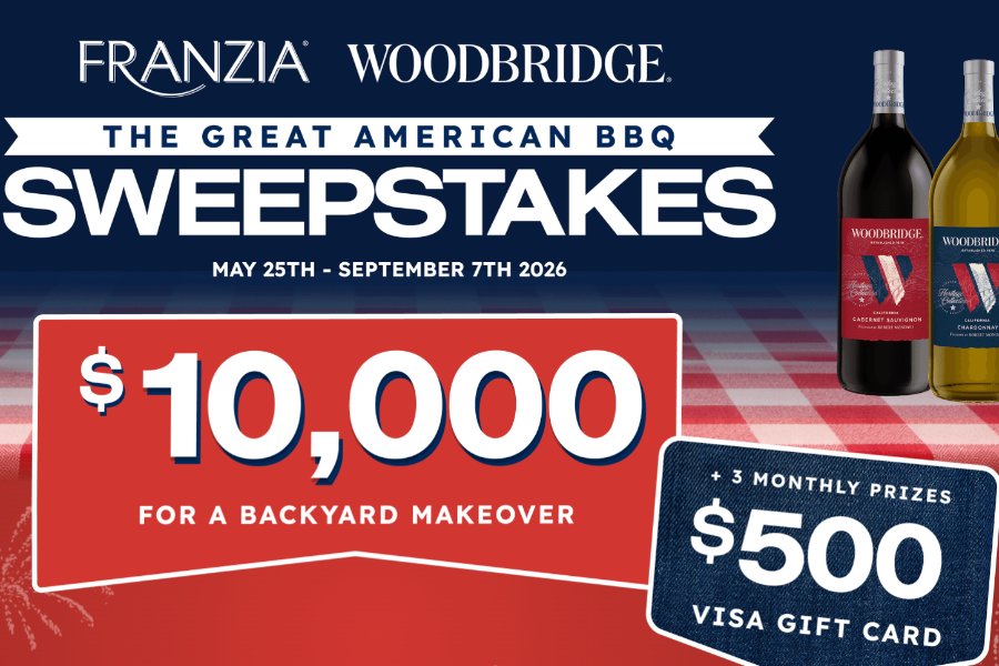 A vibrant graphic promotes a barbecue sweepstakes featuring wine bottles, offering a $10,000 backyard makeover and monthly $500 prizes, set against a checkered red and white background, featured in the Franzia Woodbridge Great American BBQ Sweepstakes