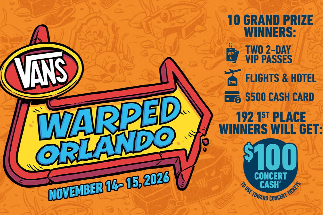 A colorful graphic promoting the Vans Warped Tour in Orlando, featuring event details, prizes, and an eye-catching arrow design against an orange background, featured in the Athletic Brewing Co Ready to Rock Sweepstakes