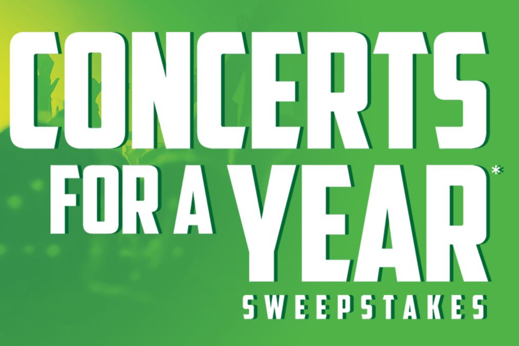 A vibrant green background features bold white text announcing "CONCERTS FOR A YEAR SWEEPSTAKES," evoking excitement for live music events, featured in the Mountain Dew Concerts for a Year Sweepstakes