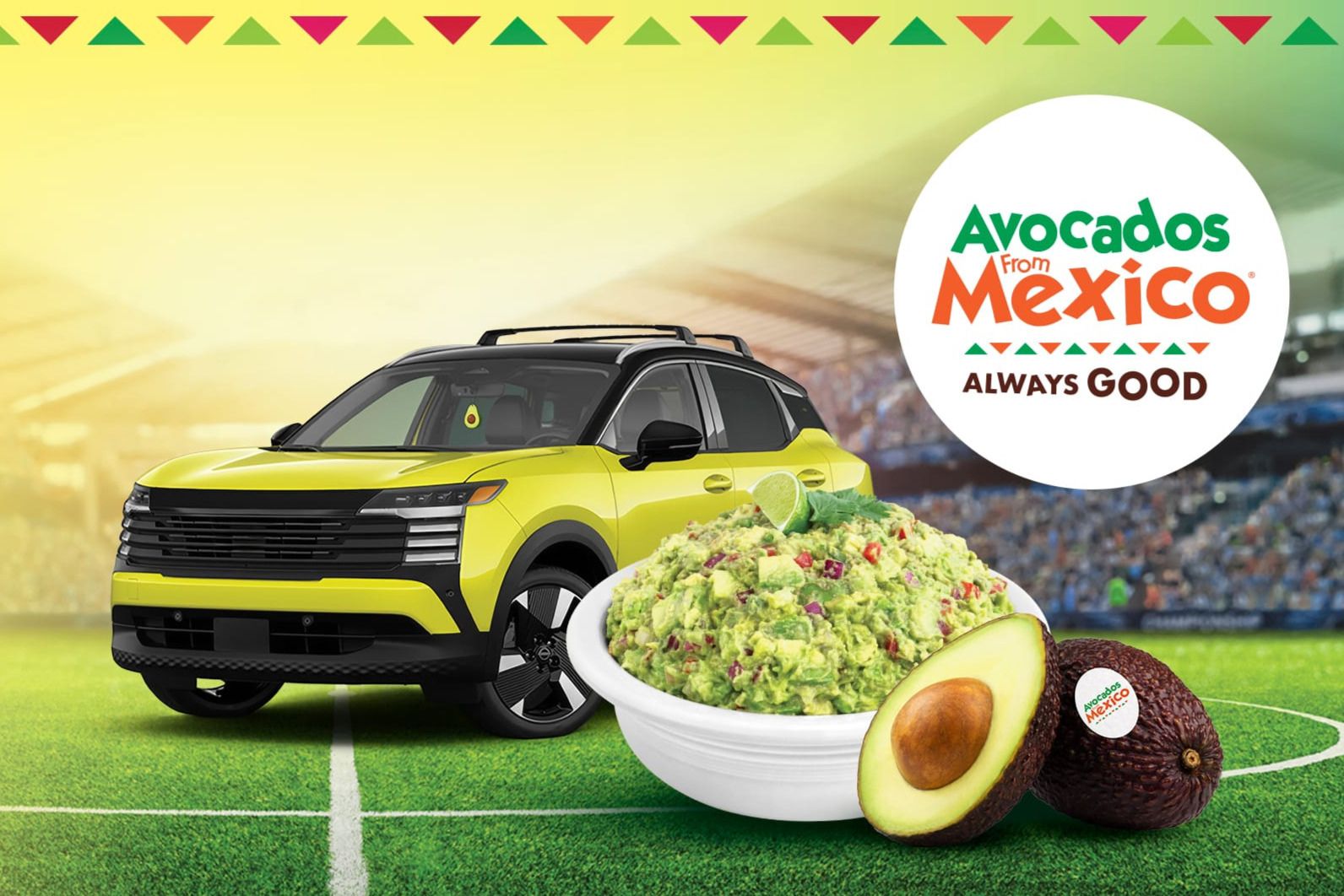 A bright yellow SUV is parked on a grass field next to a bowl of guacamole, garnished with lime and cilantro, with an avocado beside it, set against a celebratory backdrop, featured in the Avocados From Mexico Kickoff with the GuacamOlé Giveaway