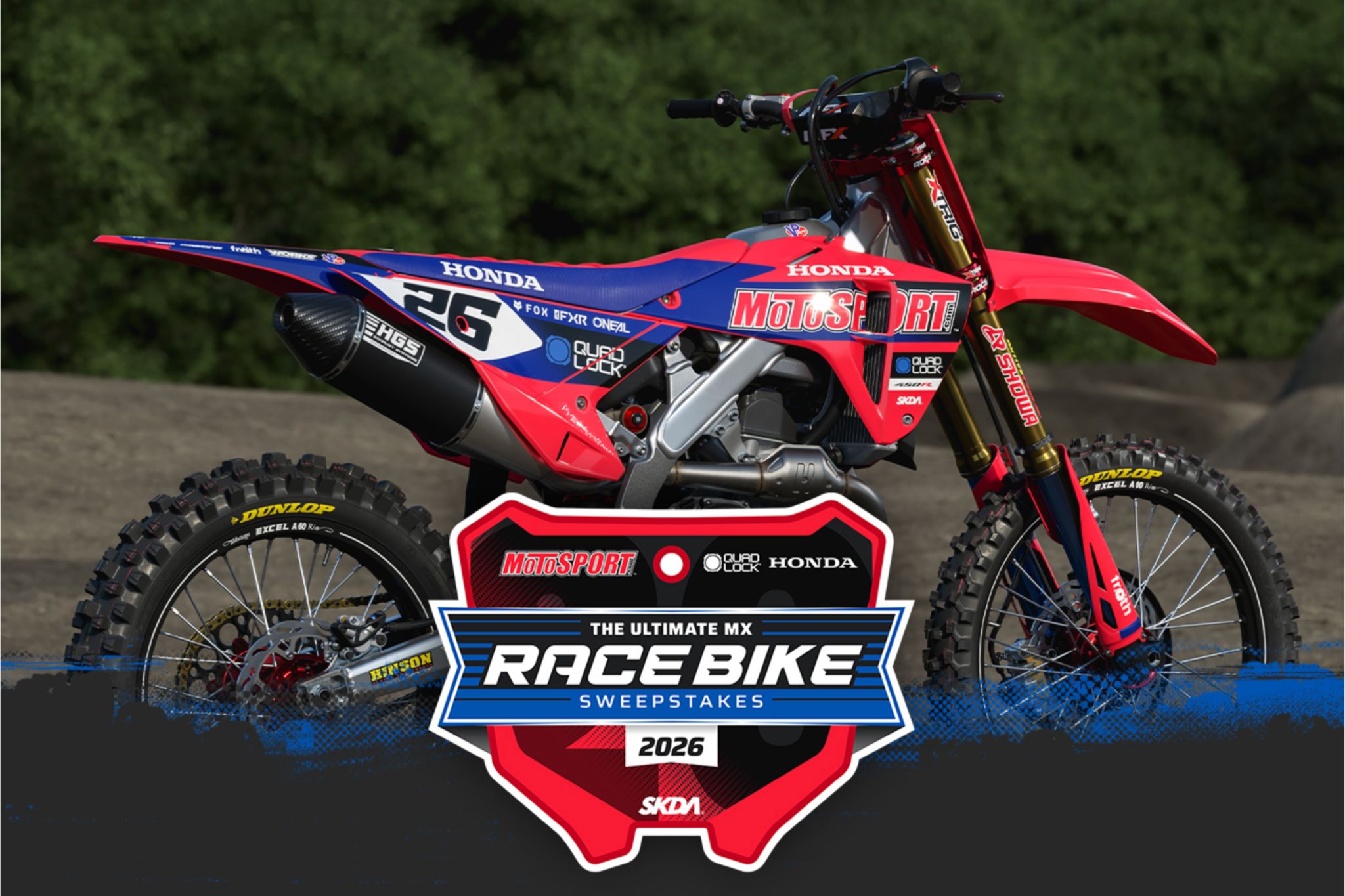 A vibrant red motocross bike is displayed prominently, showcasing its sleek design and rugged tires against a natural background, ready for action on the dirt track, featured in the MotoSport Honda CRF450R Sweepstakes