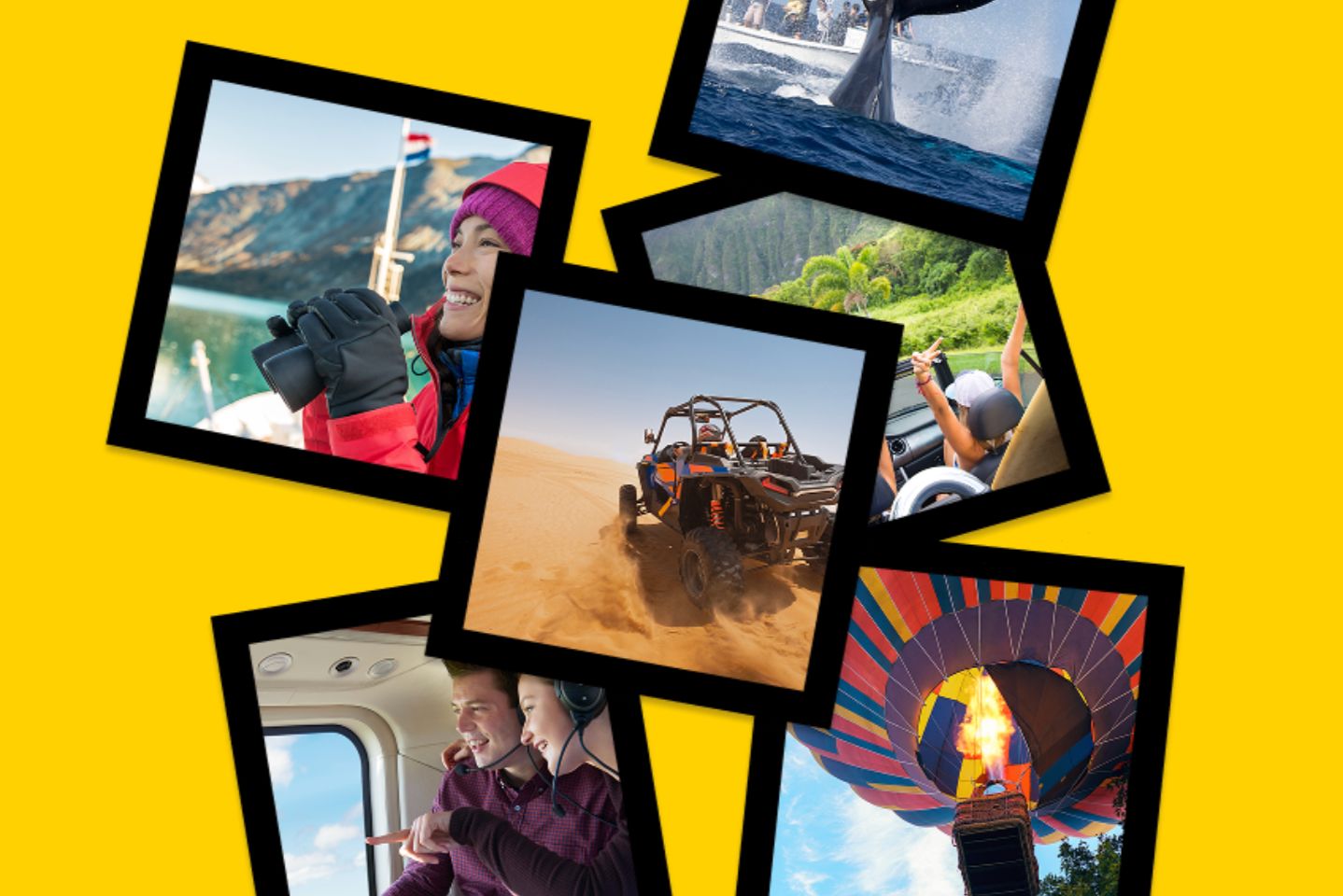 A collage features adventurous activities: a woman with binoculars enjoying a scenic view, a whale breaching, an off-road vehicle in sandy terrain, and hot air balloons in the sky, featured in the Dramamine $5,000 Travel Gift Card Sweepstakes